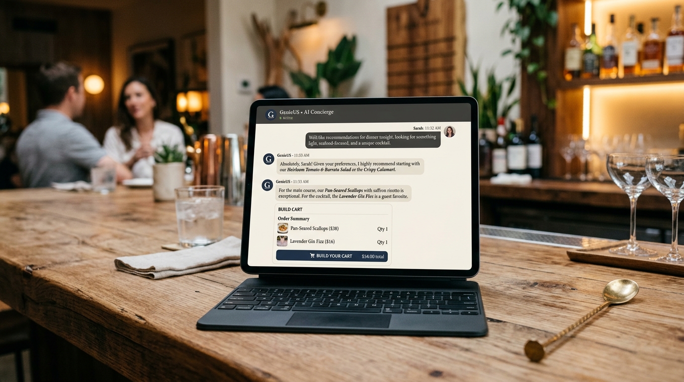 iPad on counter showcasing GenieUS conversational AI assistant