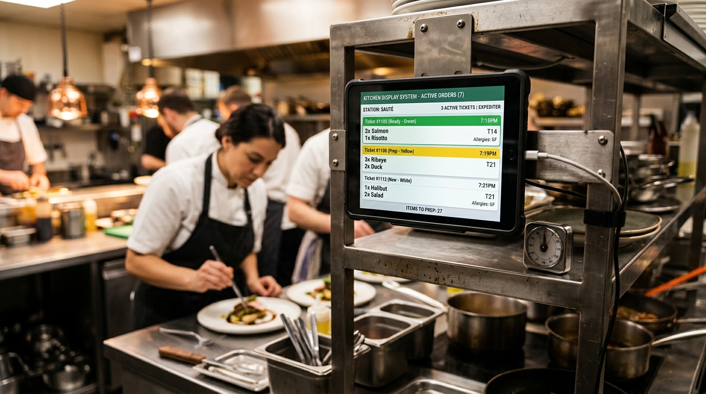 Kitchen Display System tablet mounted on steel rack